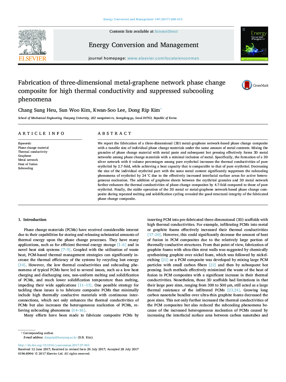 Fabrication of three-dimensional metal-graphene network phase change composite for high thermal conductivity and suppressed subcooling phenomena