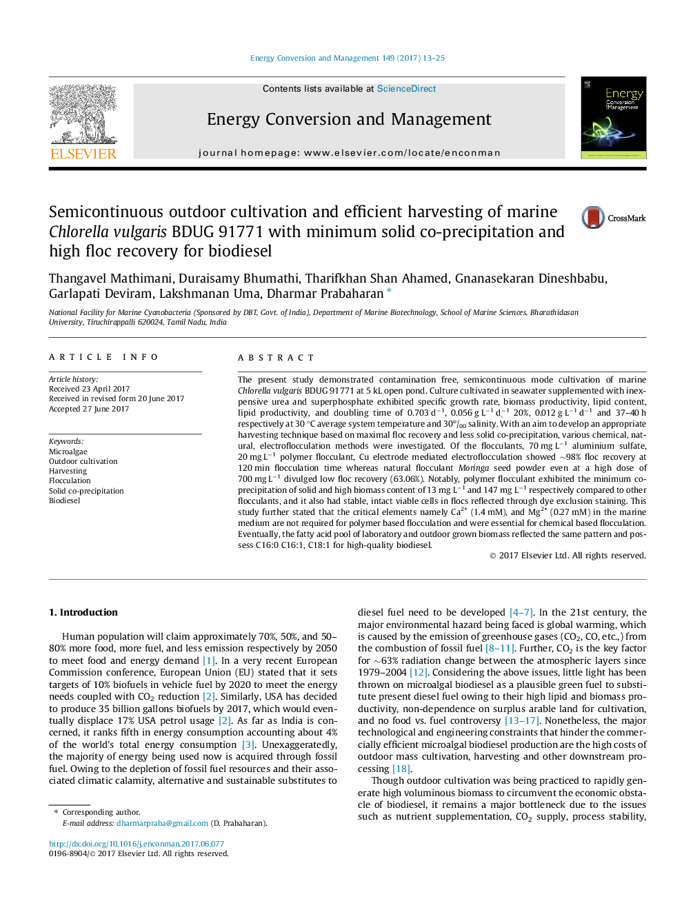 Semicontinuous outdoor cultivation and efficient harvesting of marine Chlorella vulgaris BDUG 91771 with minimum solid co-precipitation and high floc recovery for biodiesel