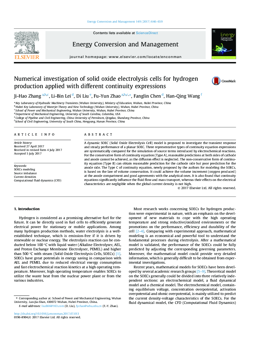 Numerical investigation of solid oxide electrolysis cells for hydrogen production applied with different continuity expressions