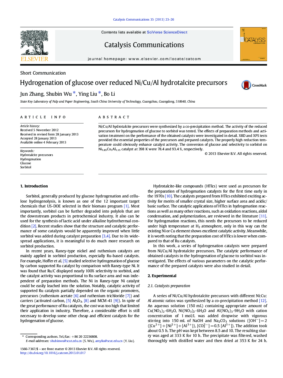 Hydrogenation of glucose over reduced Ni/Cu/Al hydrotalcite precursors