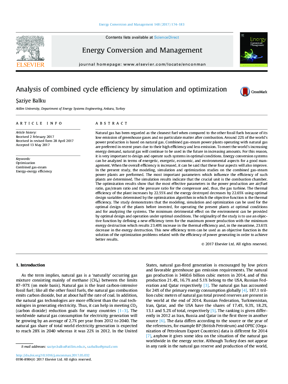 Analysis of combined cycle efficiency by simulation and optimization