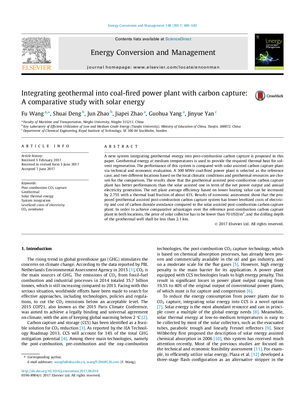 Integrating geothermal into coal-fired power plant with carbon capture: A comparative study with solar energy