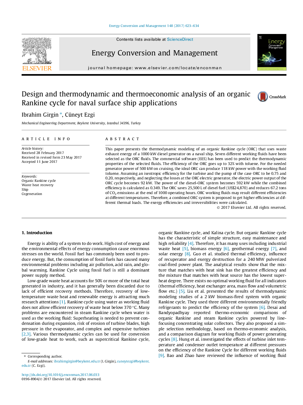 Design and thermodynamic and thermoeconomic analysis of an organic Rankine cycle for naval surface ship applications