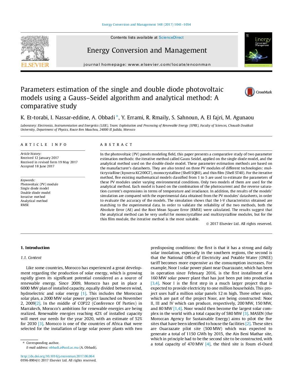 Parameters estimation of the single and double diode photovoltaic models using a Gauss-Seidel algorithm and analytical method: A comparative study