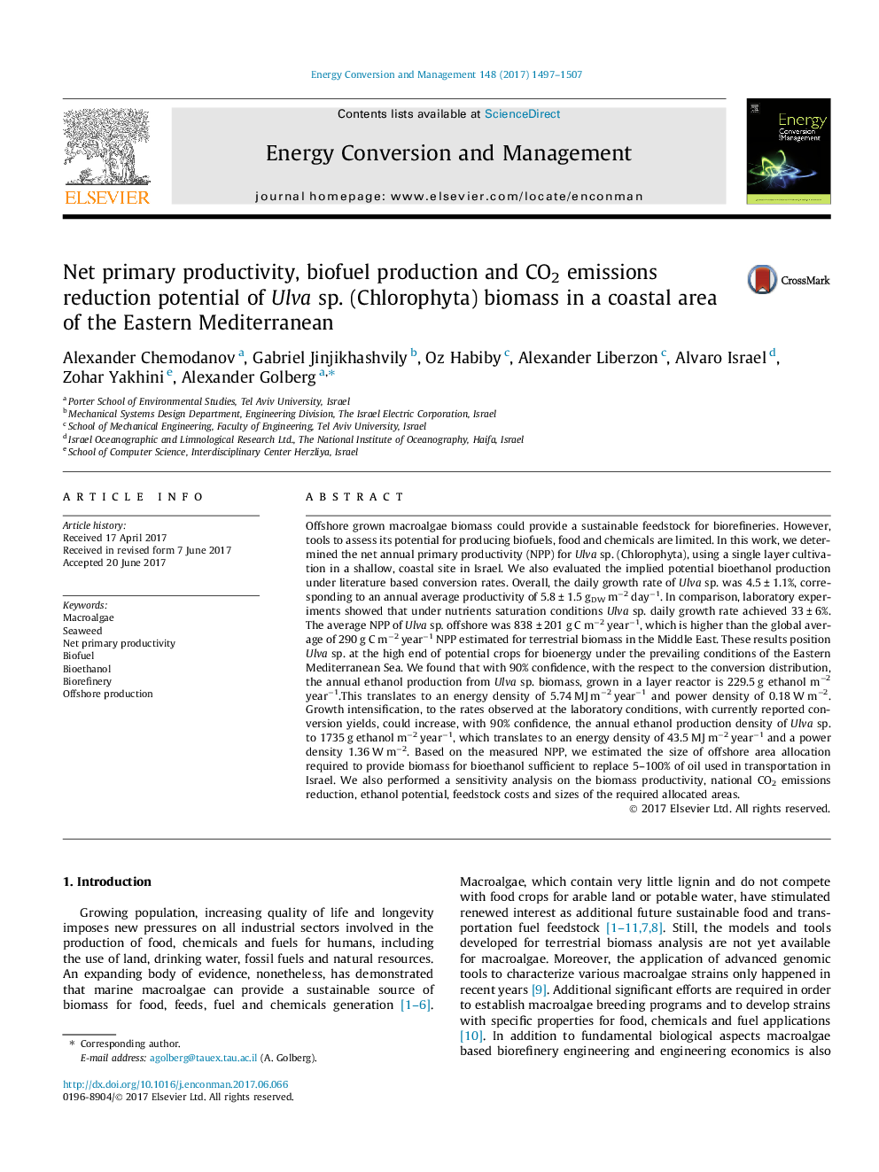 Net primary productivity, biofuel production and CO2 emissions reduction potential of Ulva sp. (Chlorophyta) biomass in a coastal area of the Eastern Mediterranean