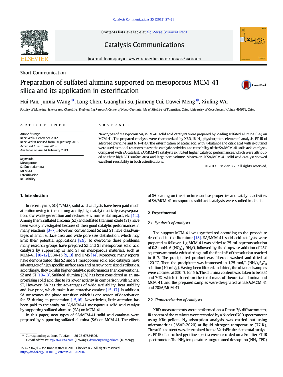 Preparation of sulfated alumina supported on mesoporous MCM-41 silica and its application in esterification