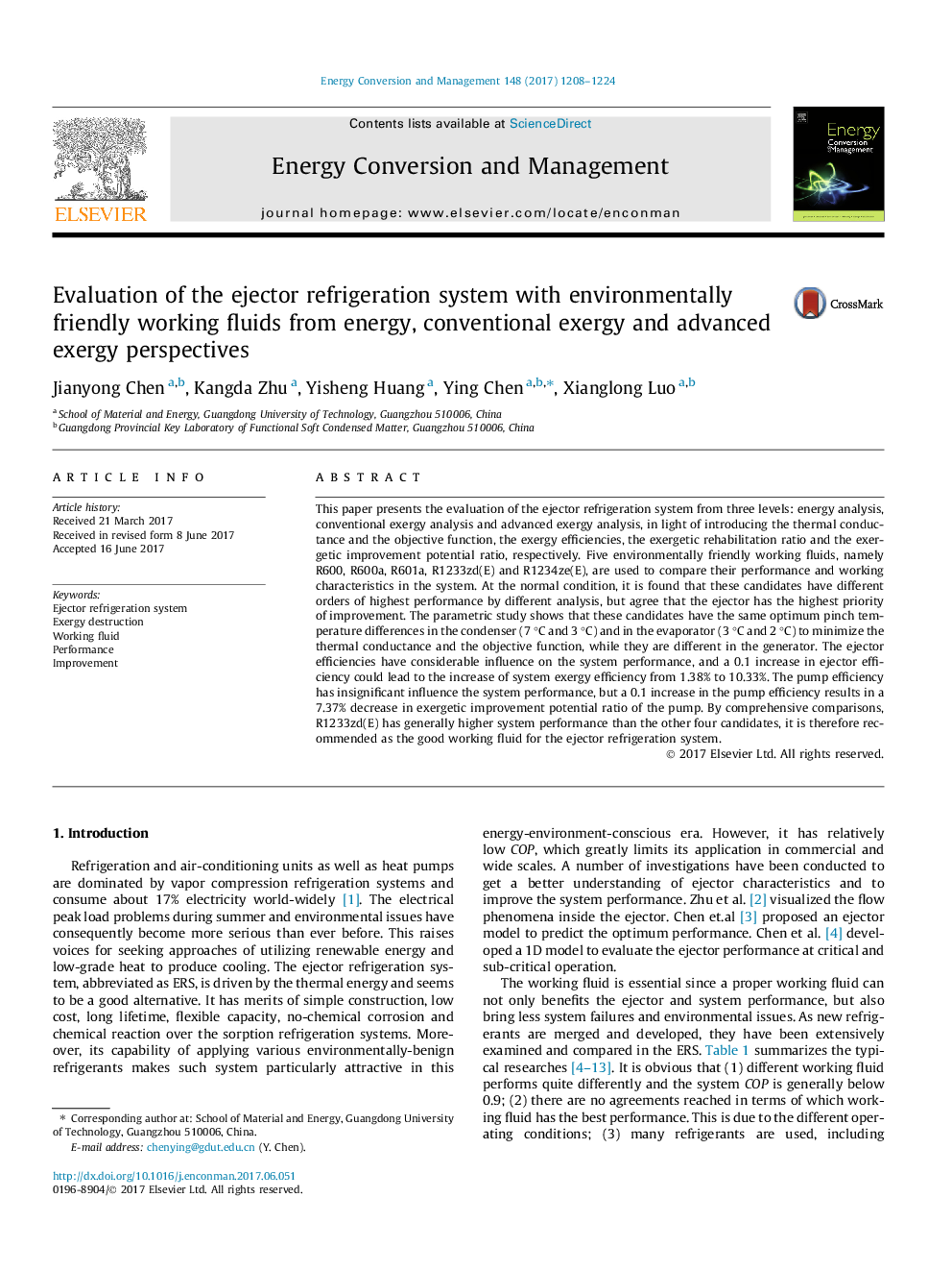 Evaluation of the ejector refrigeration system with environmentally friendly working fluids from energy, conventional exergy and advanced exergy perspectives