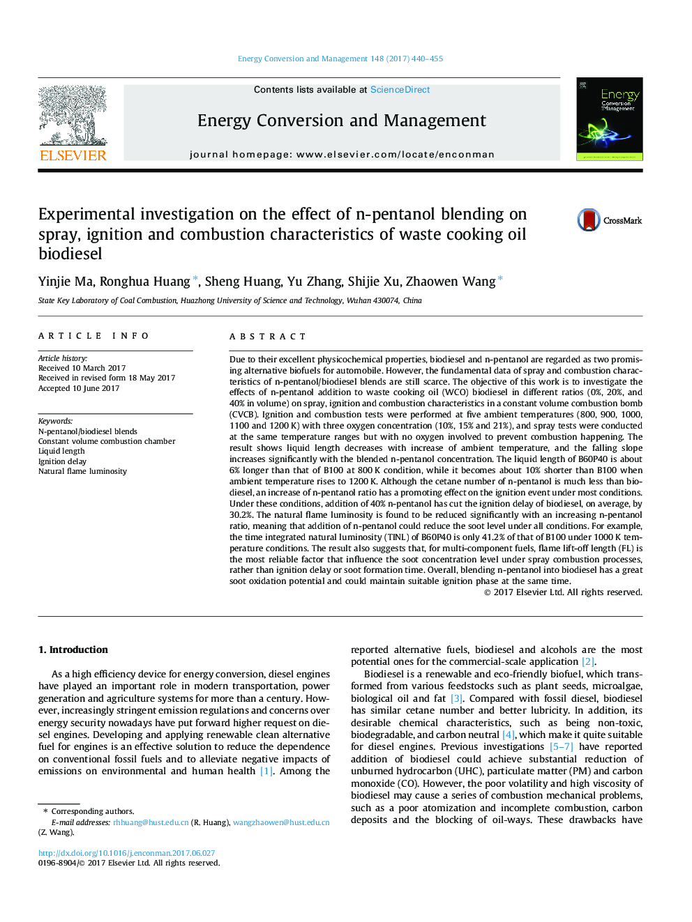 Experimental investigation on the effect of n-pentanol blending on spray, ignition and combustion characteristics of waste cooking oil biodiesel