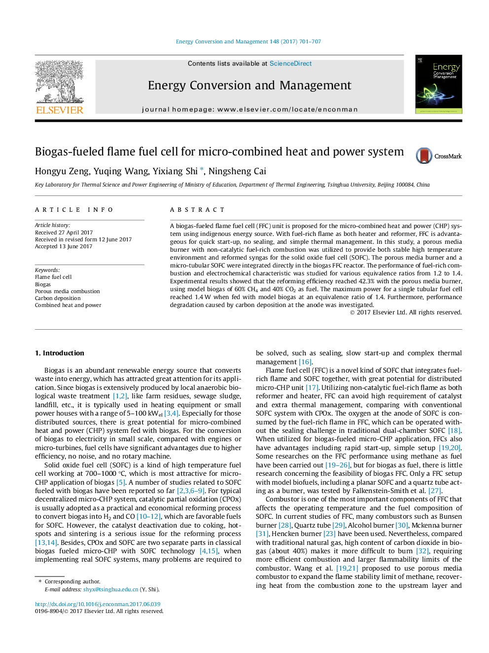 Biogas-fueled flame fuel cell for micro-combined heat and power system