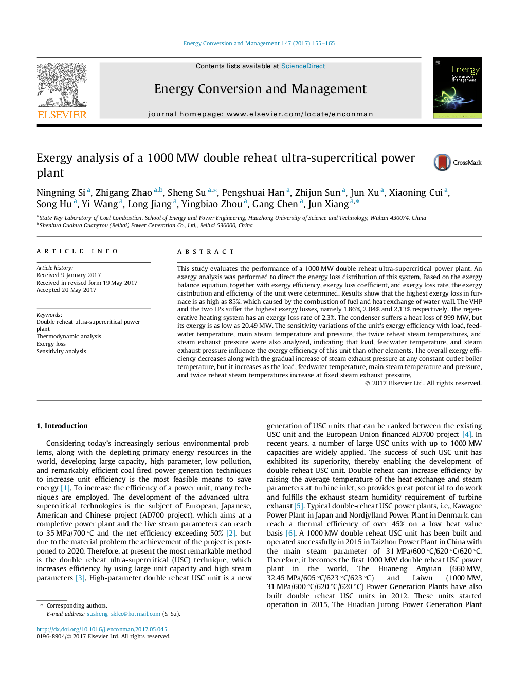 Exergy analysis of a 1000Â MW double reheat ultra-supercritical power plant