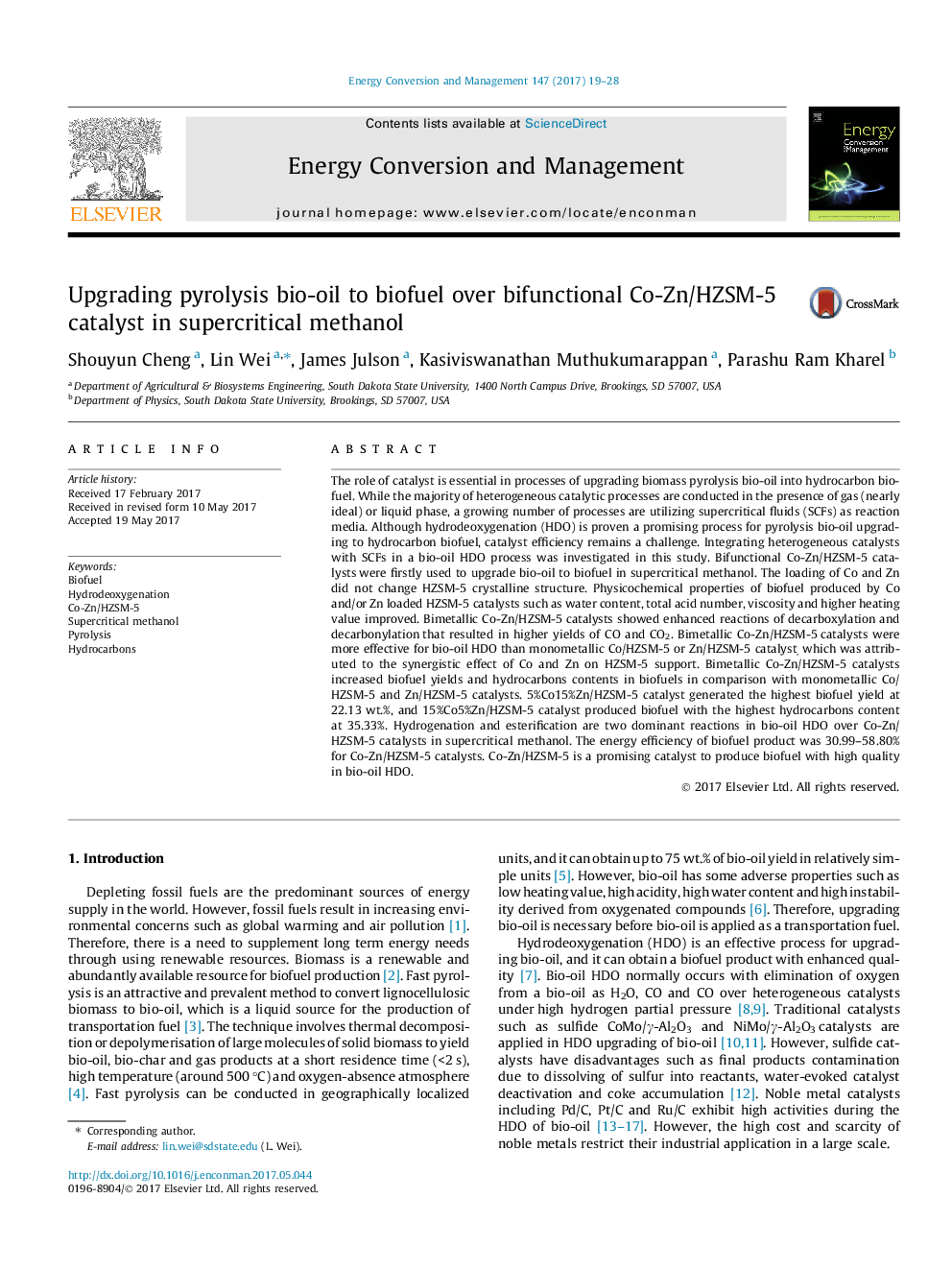 Upgrading pyrolysis bio-oil to biofuel over bifunctional Co-Zn/HZSM-5 catalyst in supercritical methanol