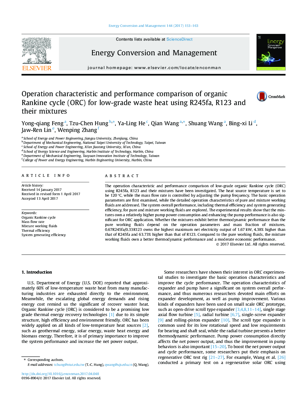 Operation characteristic and performance comparison of organic Rankine cycle (ORC) for low-grade waste heat using R245fa, R123 and their mixtures