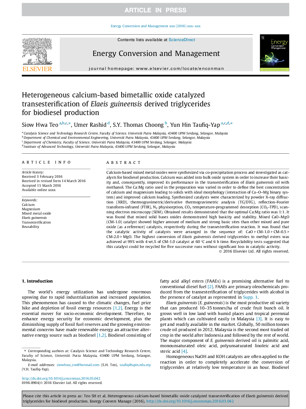 Heterogeneous calcium-based bimetallic oxide catalyzed transesterification of Elaeis guineensis derived triglycerides for biodiesel production