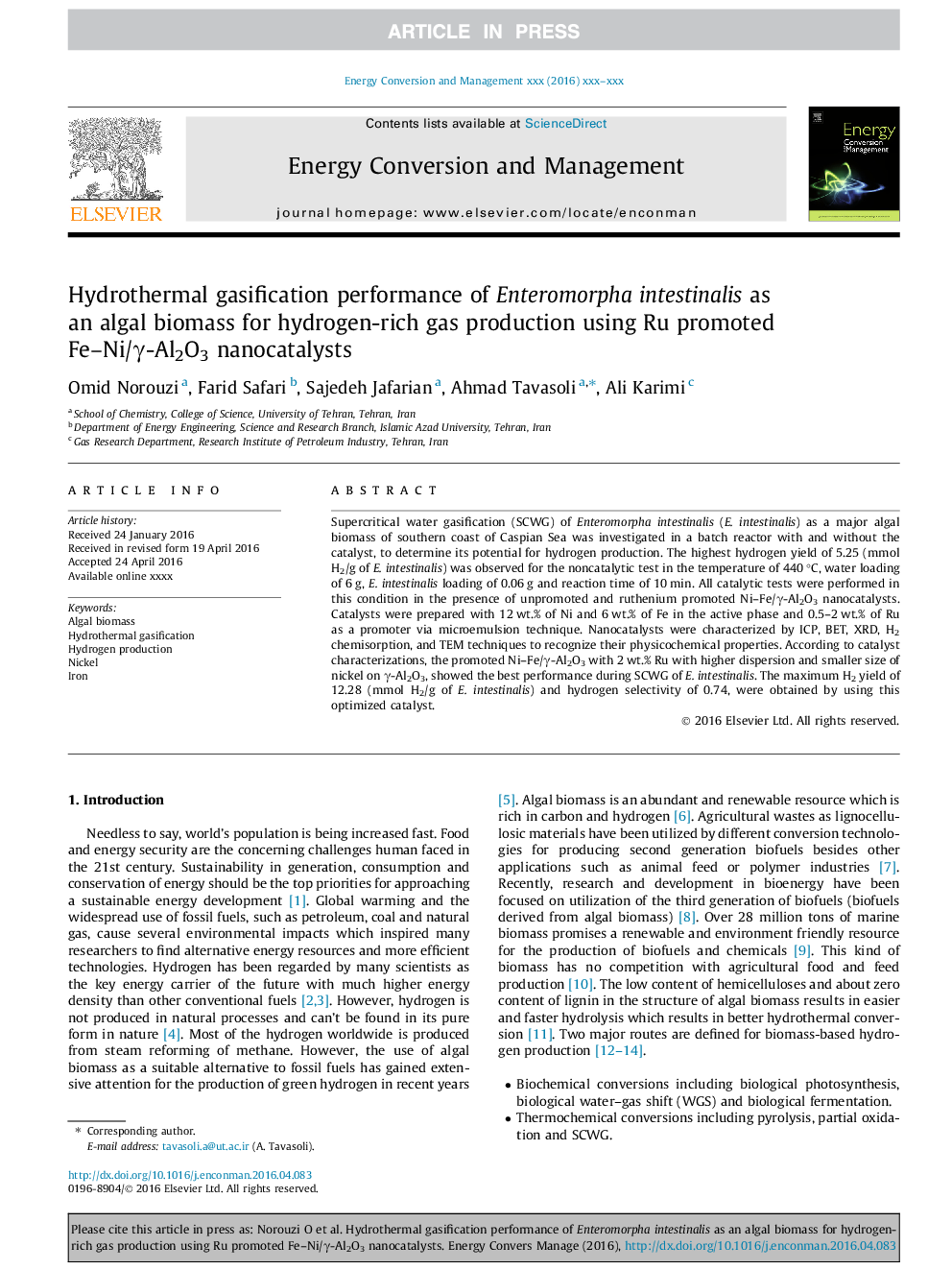 Hydrothermal gasification performance of Enteromorpha intestinalis as an algal biomass for hydrogen-rich gas production using Ru promoted Fe-Ni/Î³-Al2O3 nanocatalysts