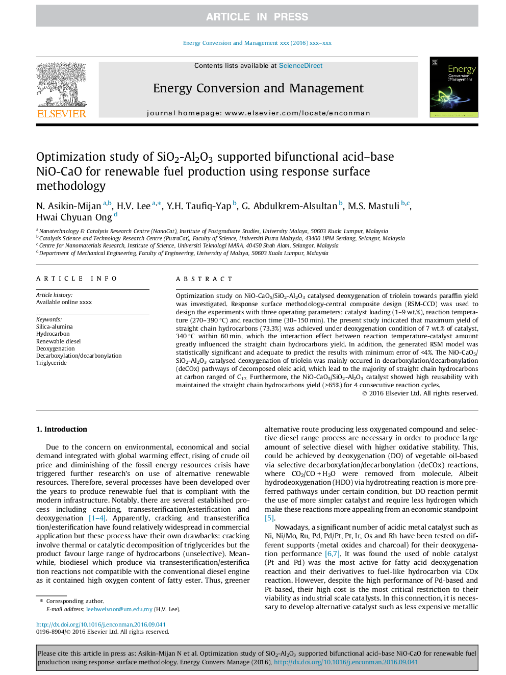 Optimization study of SiO2-Al2O3 supported bifunctional acid-base NiO-CaO for renewable fuel production using response surface methodology