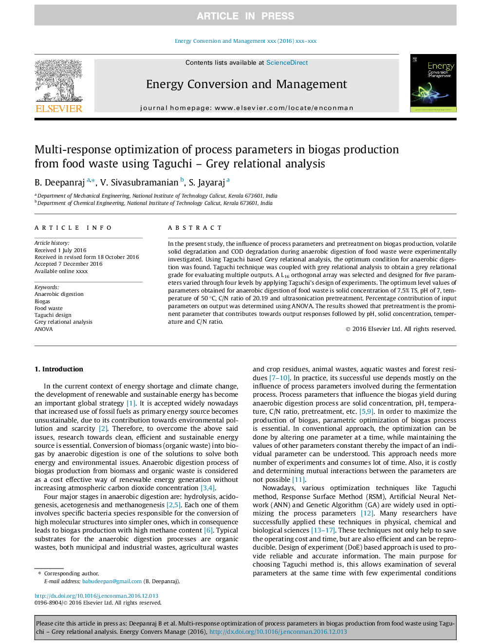 Multi-response optimization of process parameters in biogas production from food waste using Taguchi - Grey relational analysis