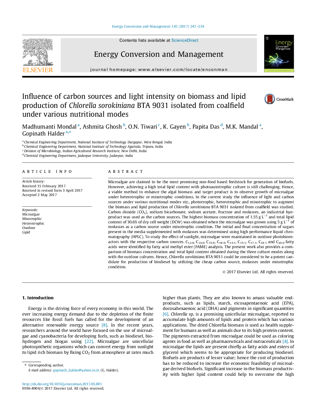 Influence of carbon sources and light intensity on biomass and lipid production of Chlorella sorokiniana BTA 9031 isolated from coalfield under various nutritional modes