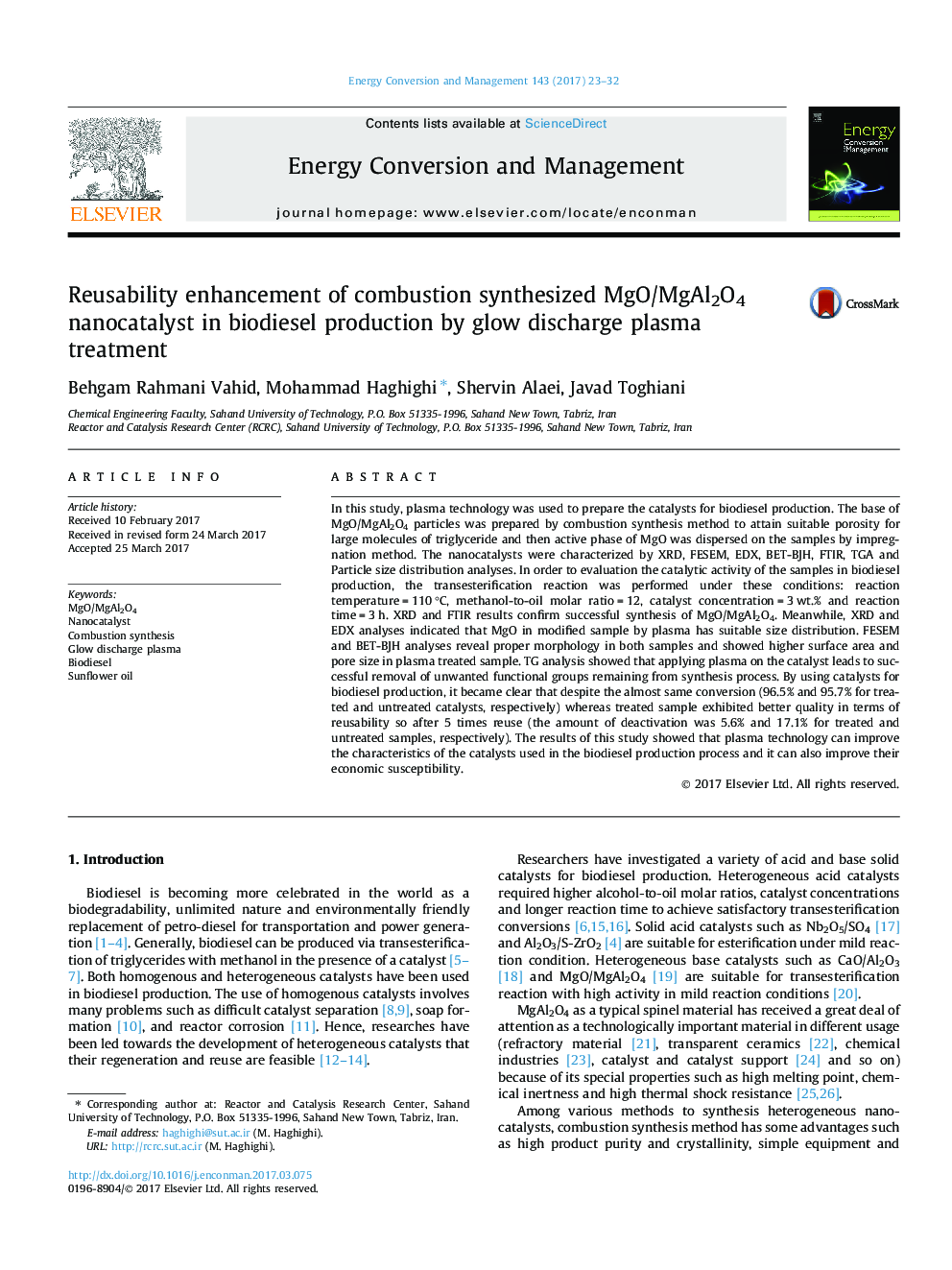 Reusability enhancement of combustion synthesized MgO/MgAl2O4 nanocatalyst in biodiesel production by glow discharge plasma treatment