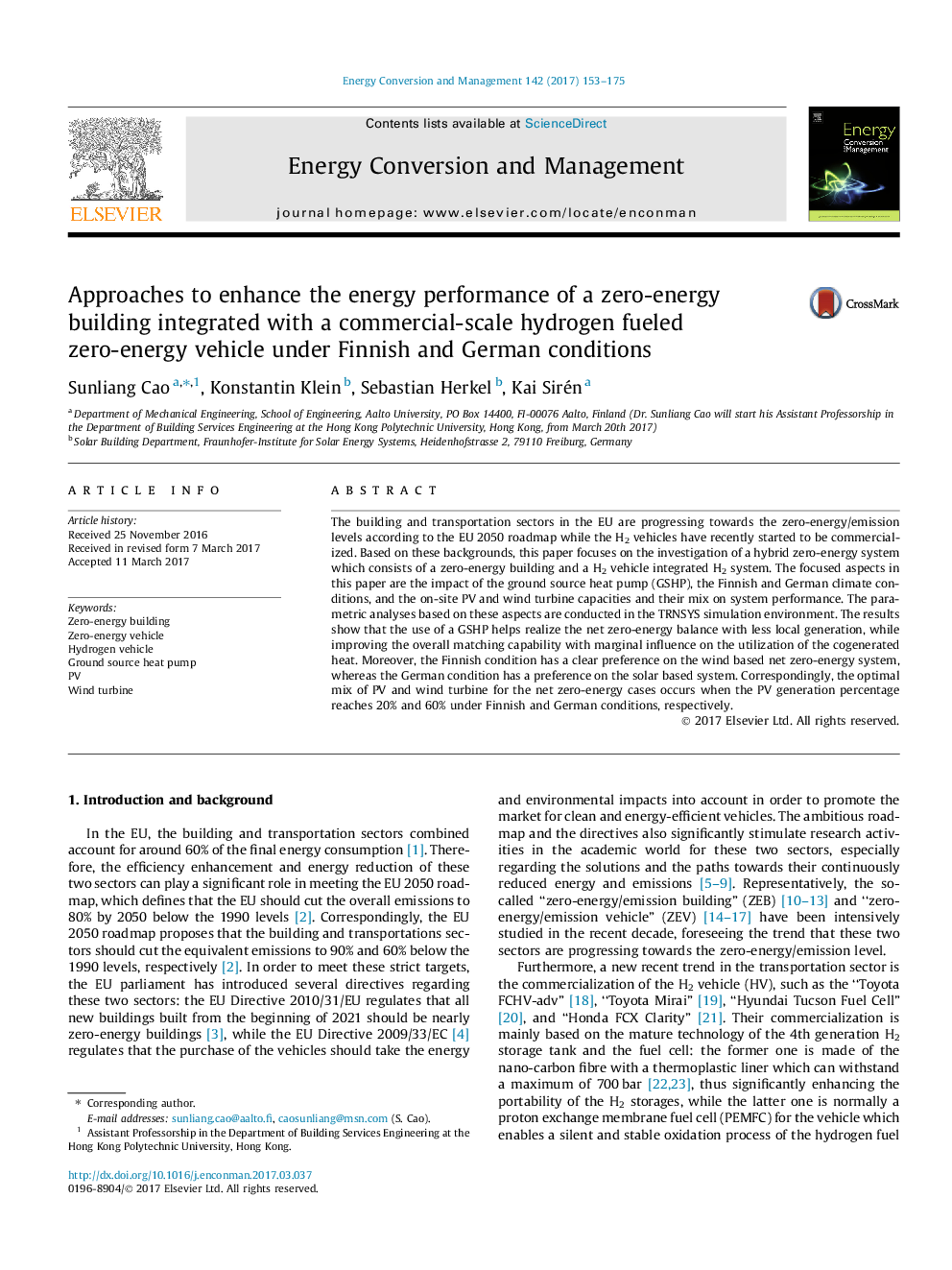 Approaches to enhance the energy performance of a zero-energy building integrated with a commercial-scale hydrogen fueled zero-energy vehicle under Finnish and German conditions