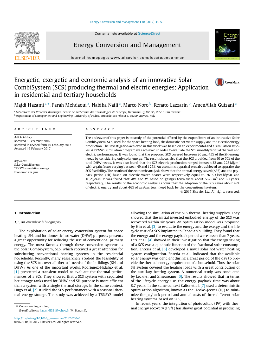 Energetic, exergetic and economic analysis of an innovative Solar CombiSystem (SCS) producing thermal and electric energies: Application in residential and tertiary households