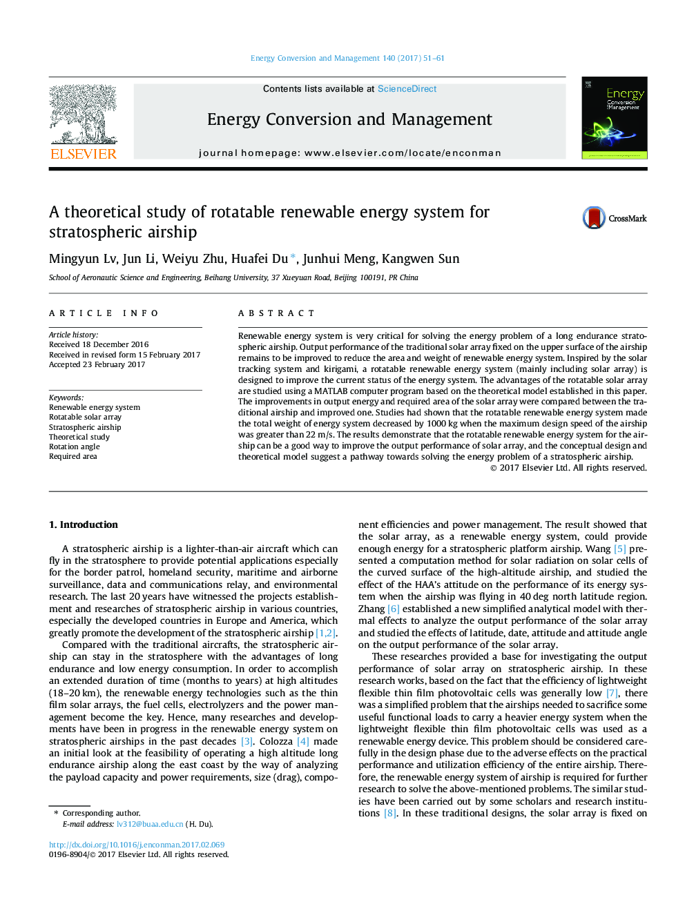 A theoretical study of rotatable renewable energy system for stratospheric airship