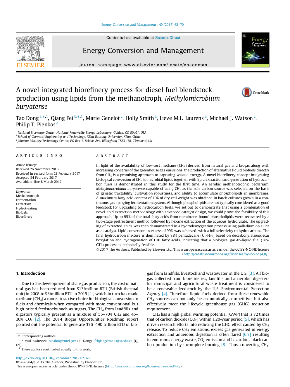 A novel integrated biorefinery process for diesel fuel blendstock production using lipids from the methanotroph, Methylomicrobium buryatense