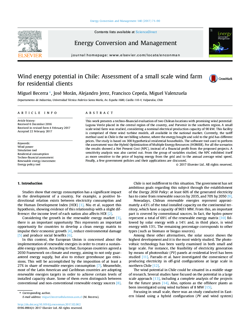 Wind energy potential in Chile: Assessment of a small scale wind farm for residential clients