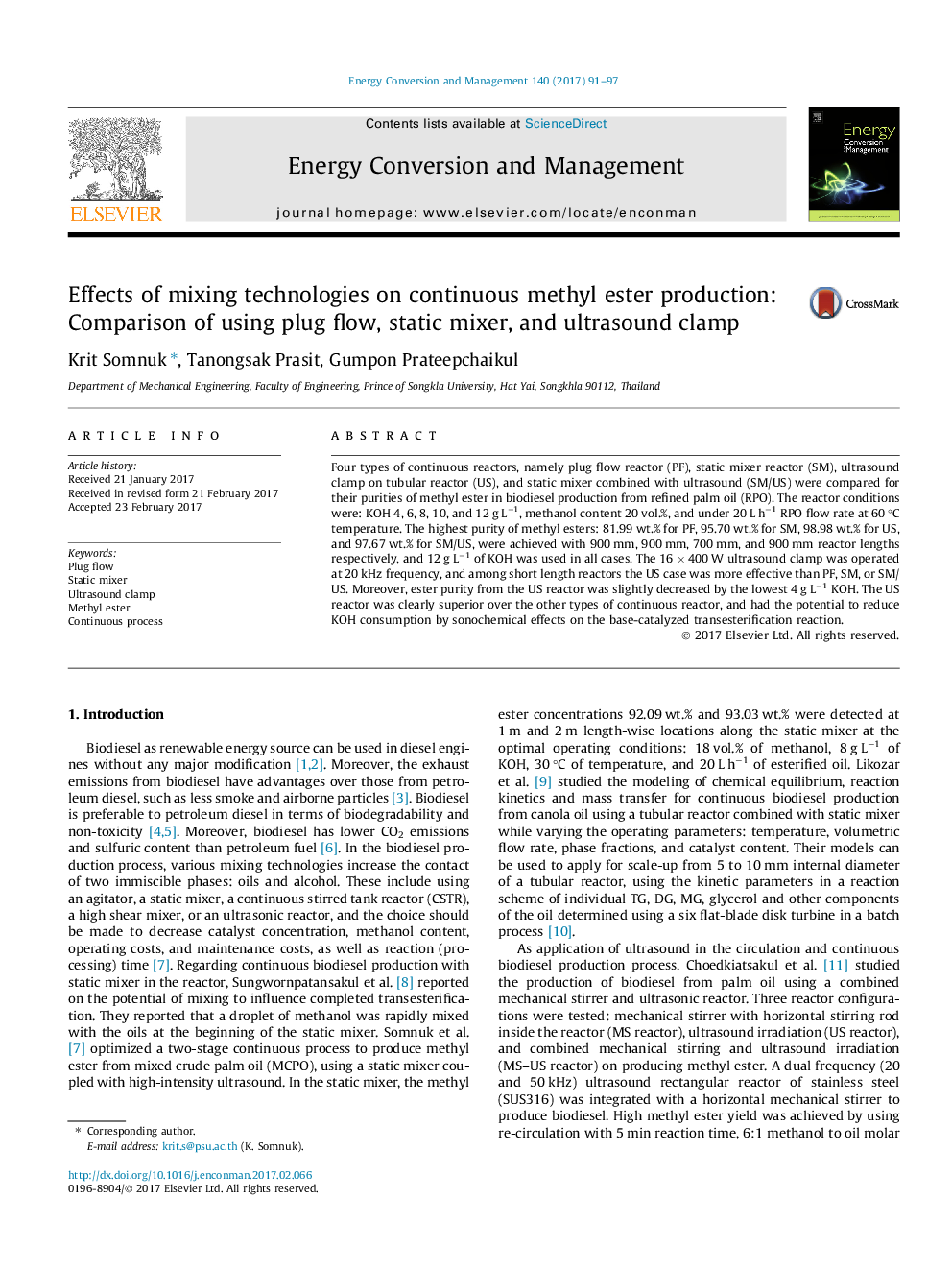 Effects of mixing technologies on continuous methyl ester production: Comparison of using plug flow, static mixer, and ultrasound clamp