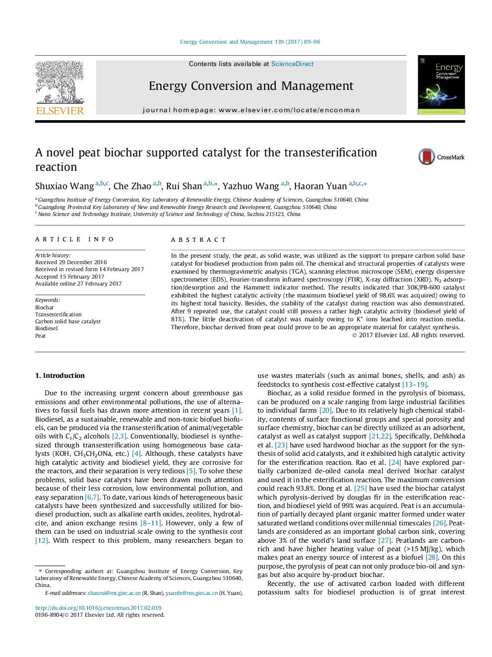 A novel peat biochar supported catalyst for the transesterification reaction