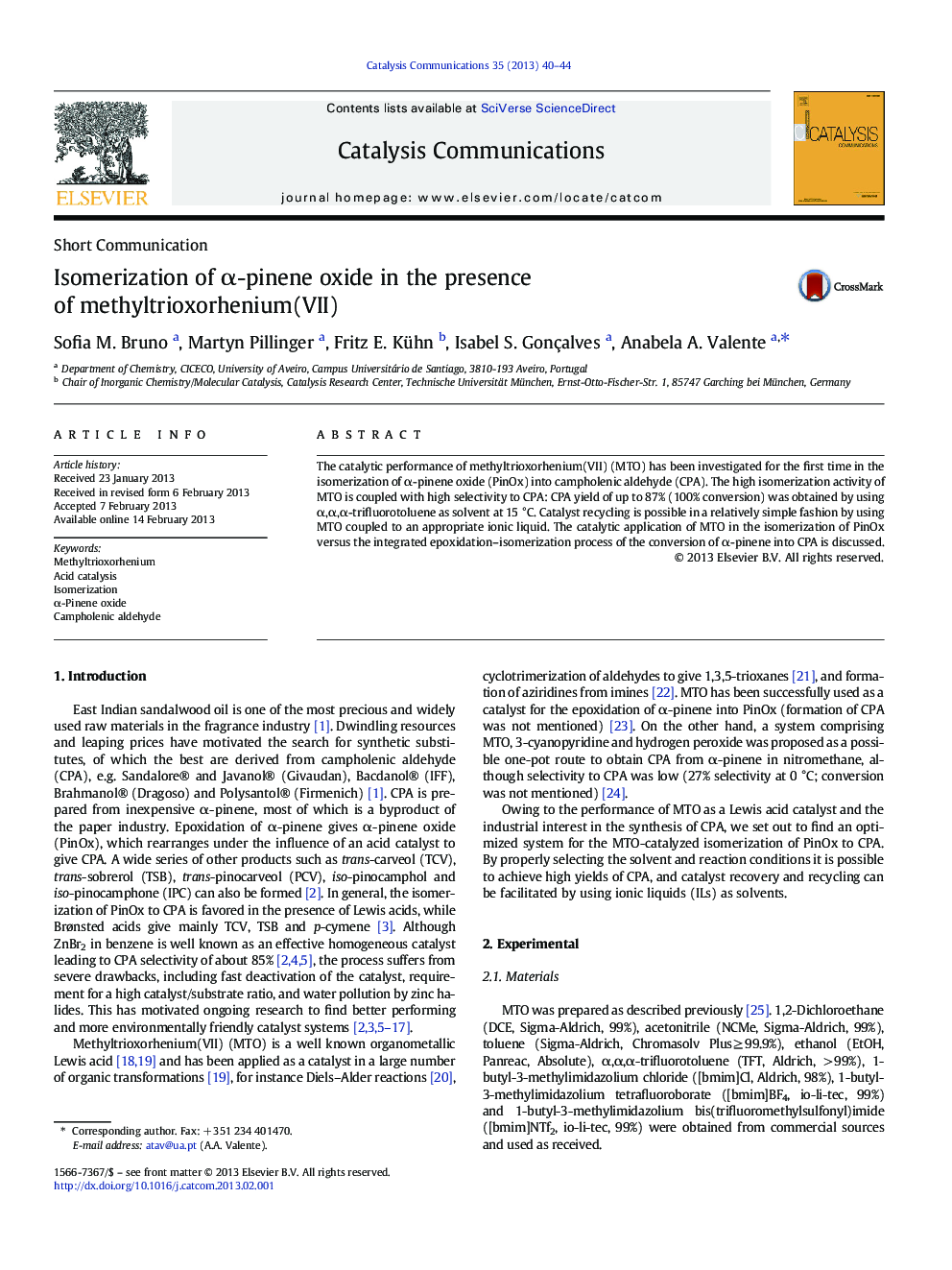 Isomerization of α-pinene oxide in the presence of methyltrioxorhenium(VII)