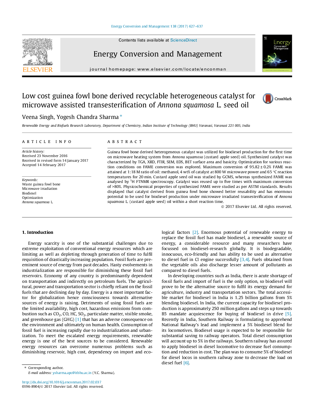 عکس صفحه اول مقاله: Low cost guinea fowl bone derived recyclable heterogeneous catalyst for microwave assisted transesterification of Annona squamosa L. seed oil Low cost guinea fowl bone derived recyclable heterogeneous catalyst for microwave assisted transesterification of Annona squamosa L. seed oil