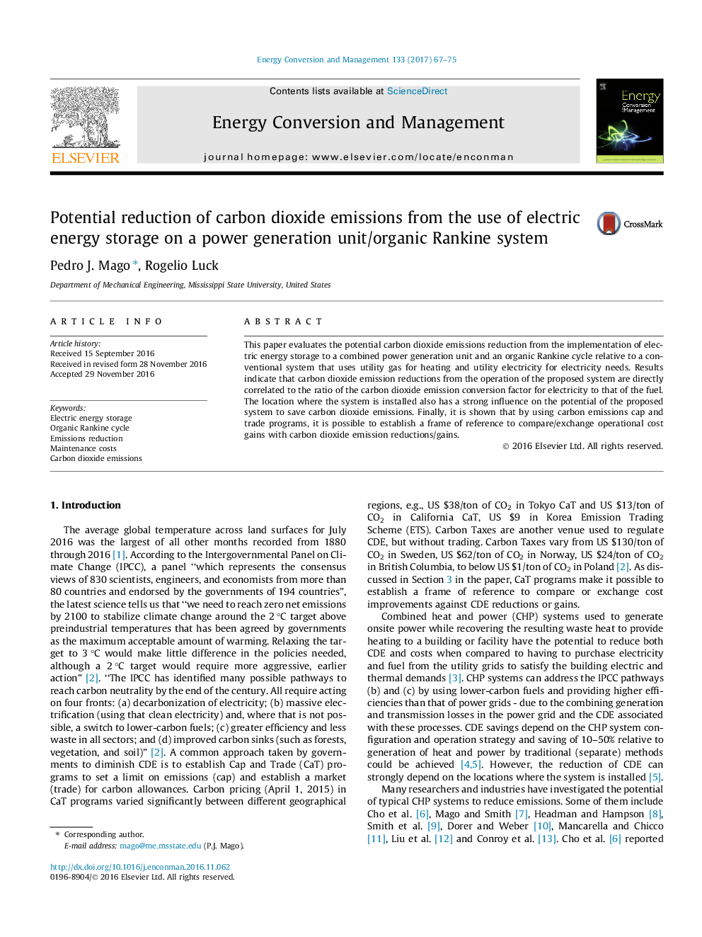 Potential reduction of carbon dioxide emissions from the use of electric energy storage on a power generation unit/organic Rankine system