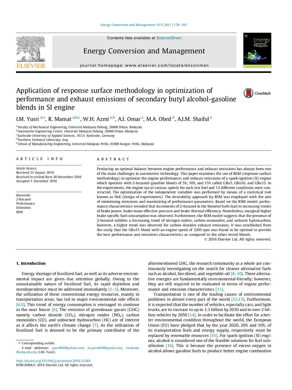 Application of response surface methodology in optimization of performance and exhaust emissions of secondary butyl alcohol-gasoline blends in SI engine