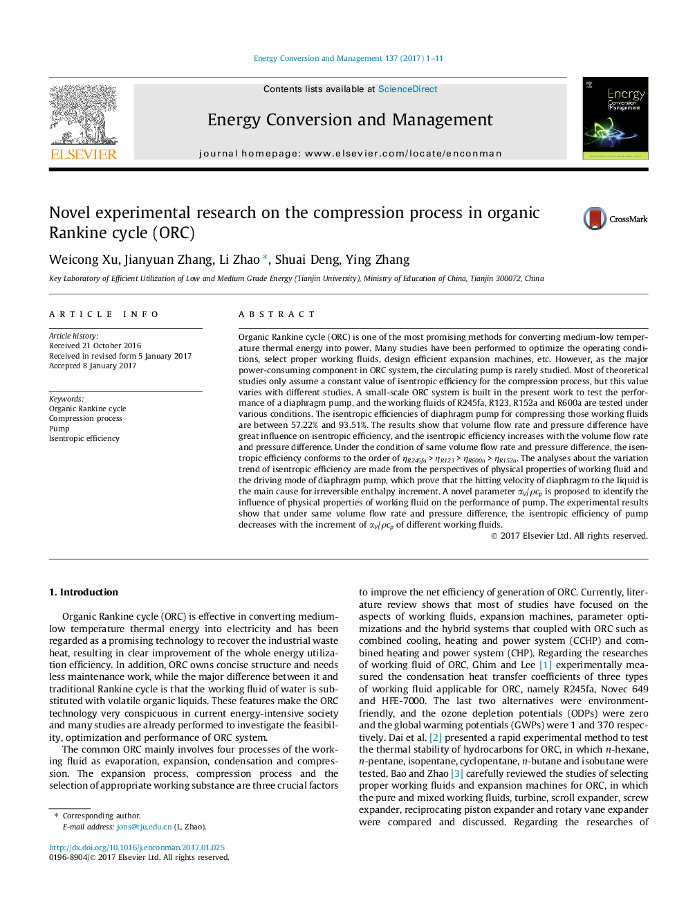 Novel experimental research on the compression process in organic Rankine cycle (ORC)