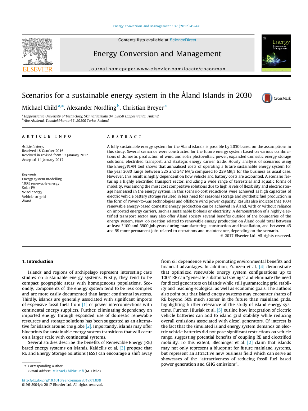 Scenarios for a sustainable energy system in the Ãland Islands in 2030