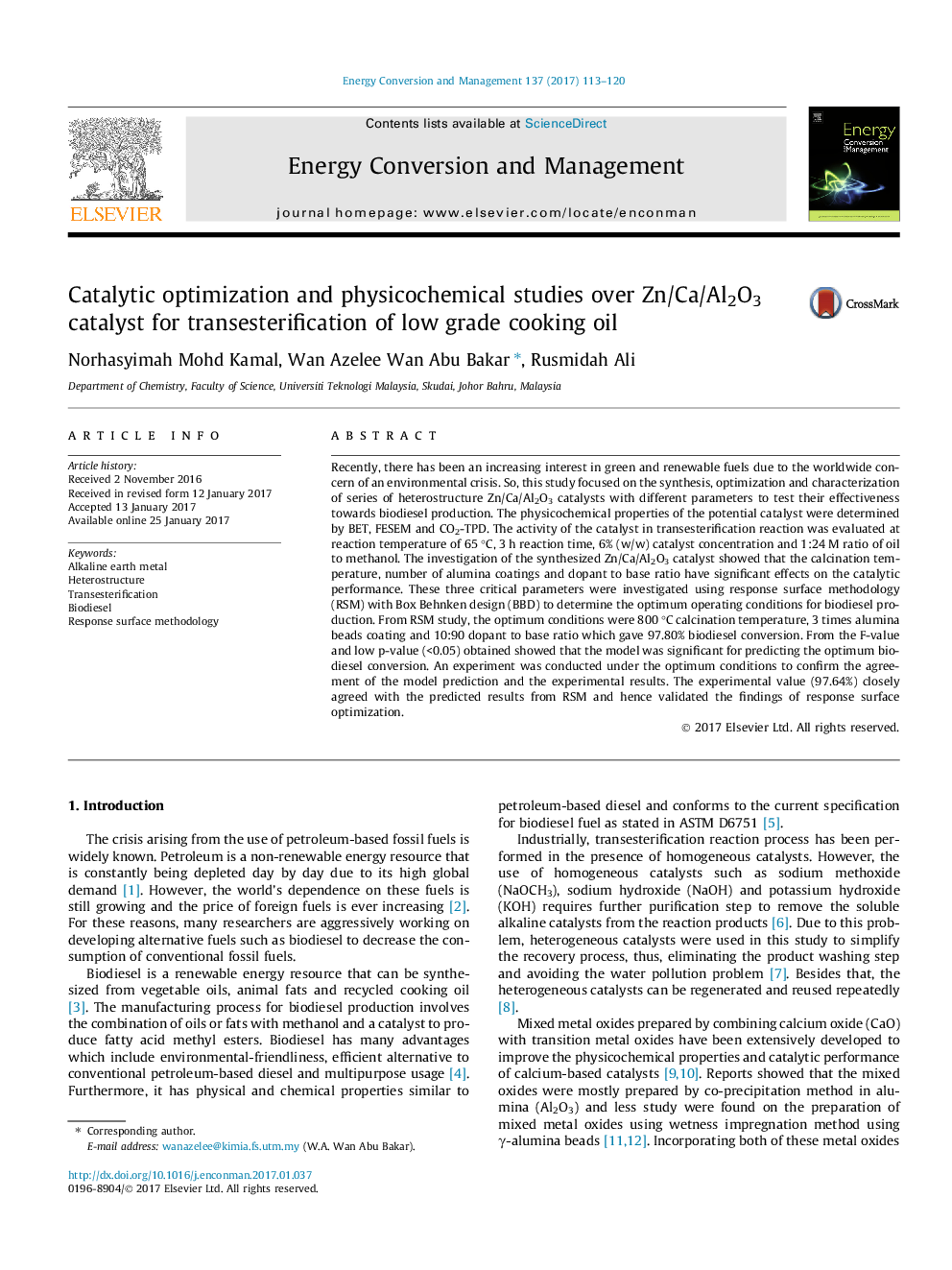 Catalytic optimization and physicochemical studies over Zn/Ca/Al2O3 catalyst for transesterification of low grade cooking oil