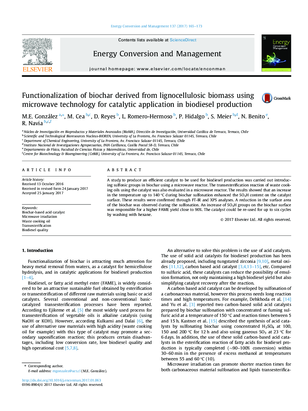 Functionalization of biochar derived from lignocellulosic biomass using microwave technology for catalytic application in biodiesel production