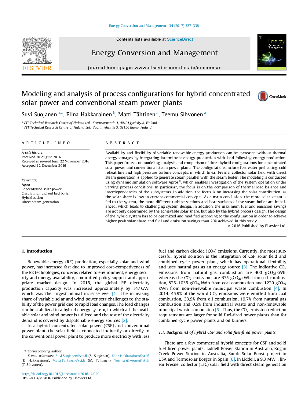 Modeling and analysis of process configurations for hybrid concentrated solar power and conventional steam power plants