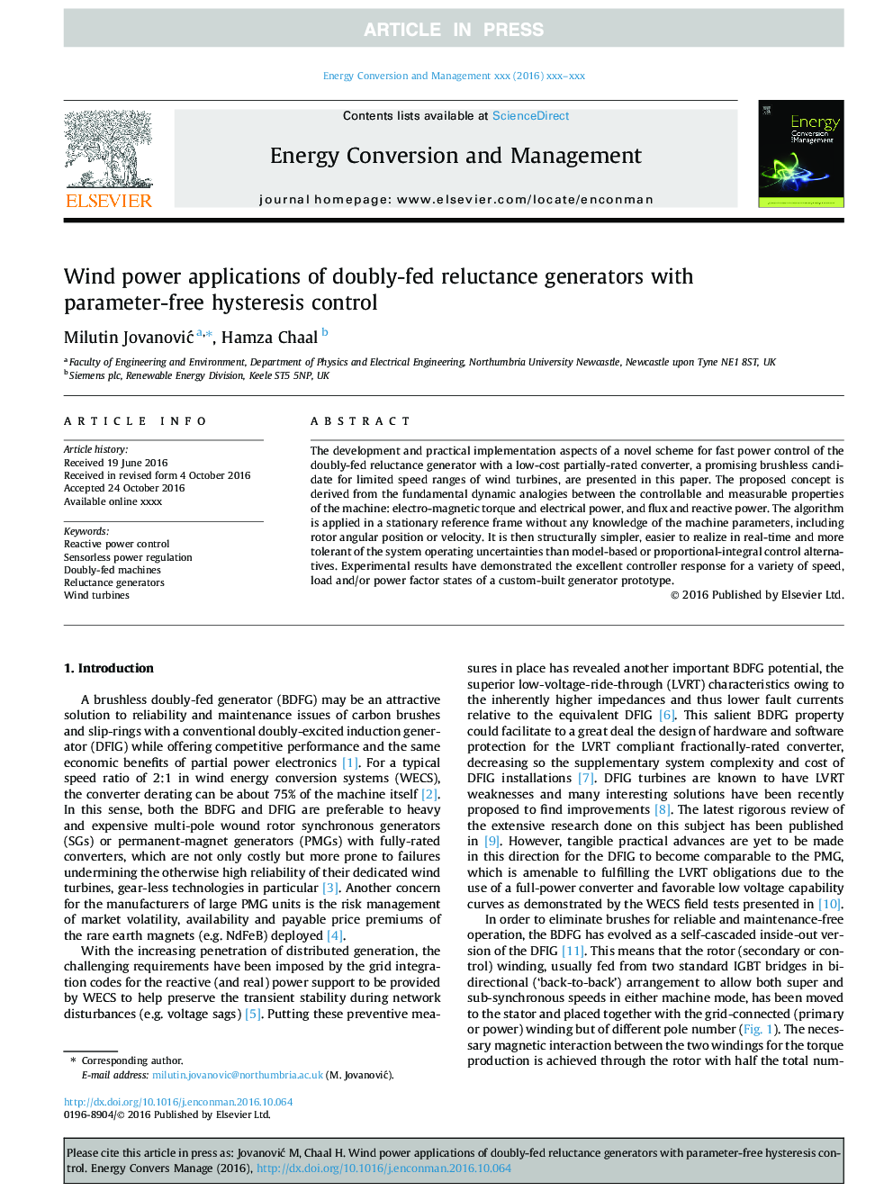 Wind power applications of doubly-fed reluctance generators with parameter-free hysteresis control