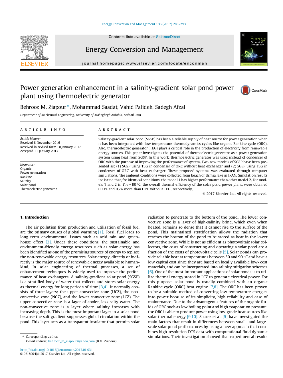 Power generation enhancement in a salinity-gradient solar pond power plant using thermoelectric generator