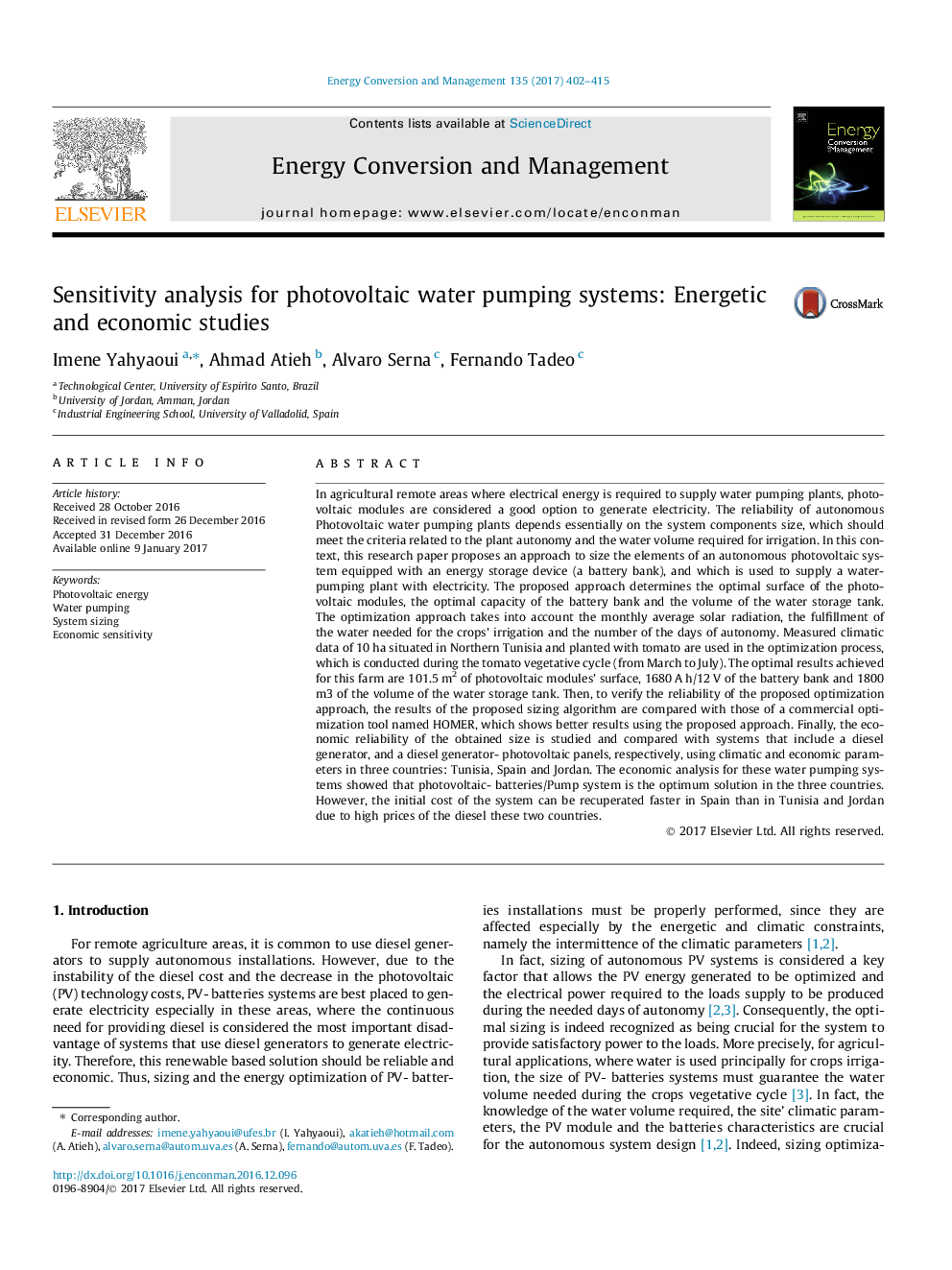 Sensitivity analysis for photovoltaic water pumping systems: Energetic and economic studies