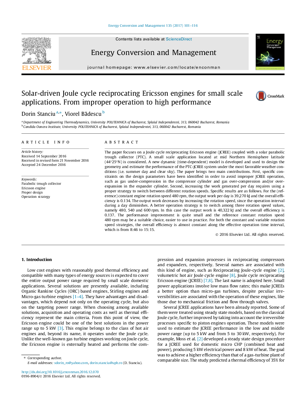 Solar-driven Joule cycle reciprocating Ericsson engines for small scale applications. From improper operation to high performance