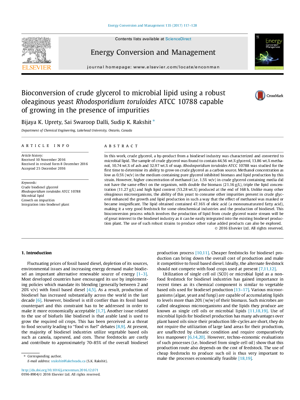 Bioconversion of crude glycerol to microbial lipid using a robust oleaginous yeast Rhodosporidium toruloides ATCC 10788 capable of growing in the presence of impurities