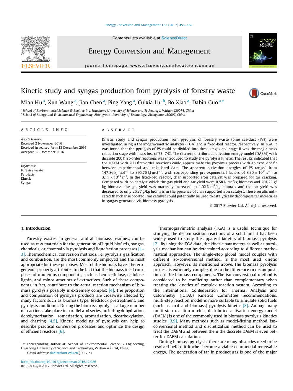 Kinetic study and syngas production from pyrolysis of forestry waste