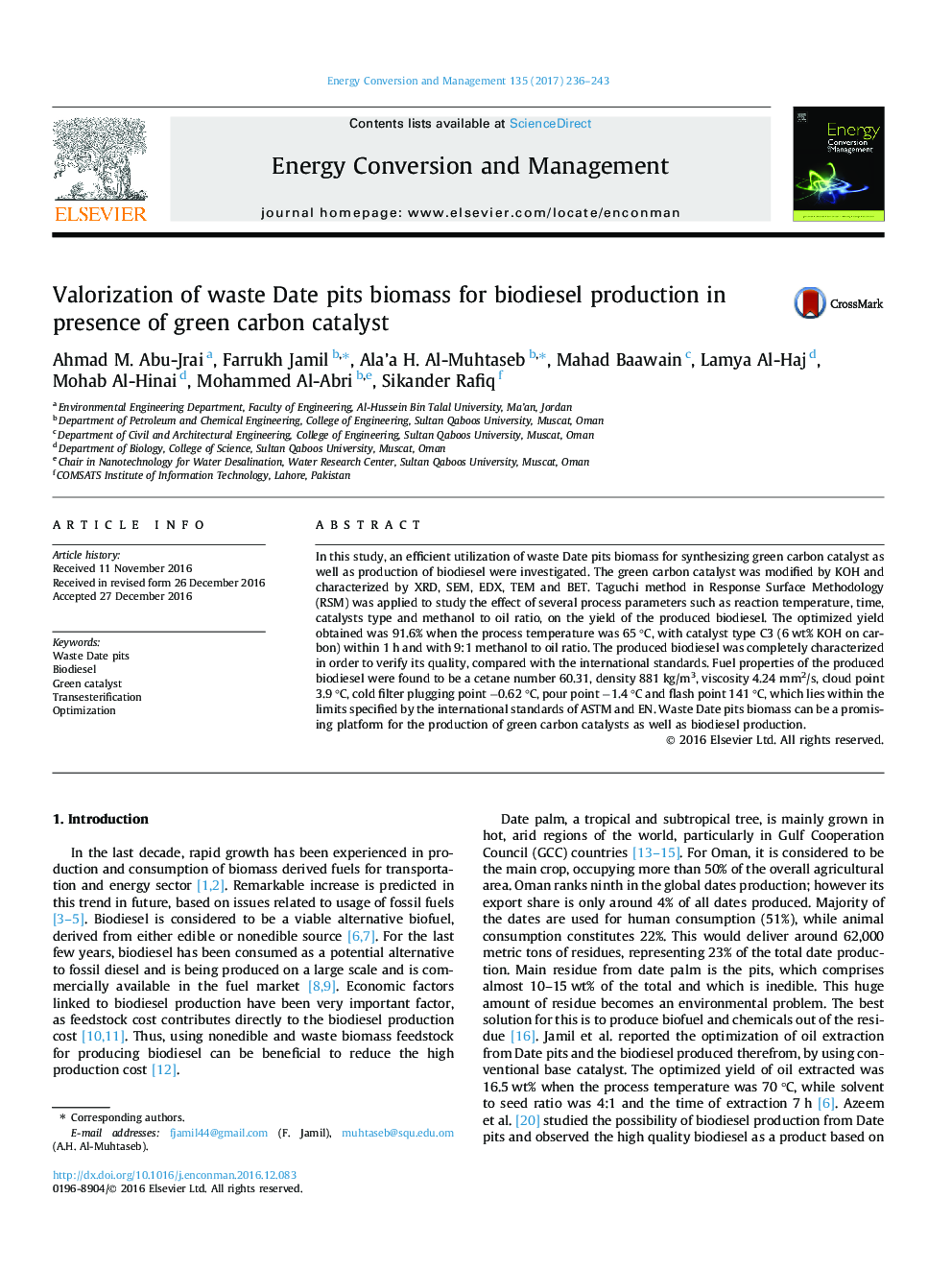 Valorization of waste Date pits biomass for biodiesel production in presence of green carbon catalyst