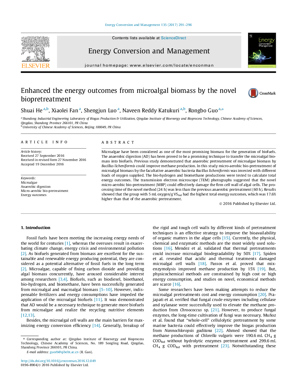 Enhanced the energy outcomes from microalgal biomass by the novel biopretreatment