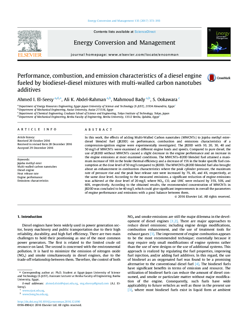 Performance, combustion, and emission characteristics of a diesel engine fueled by biodiesel-diesel mixtures with multi-walled carbon nanotubes additives