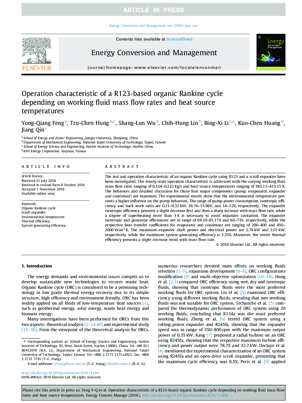 Operation characteristic of a R123-based organic Rankine cycle depending on working fluid mass flow rates and heat source temperatures