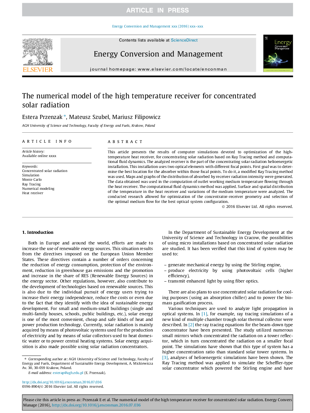 The numerical model of the high temperature receiver for concentrated solar radiation