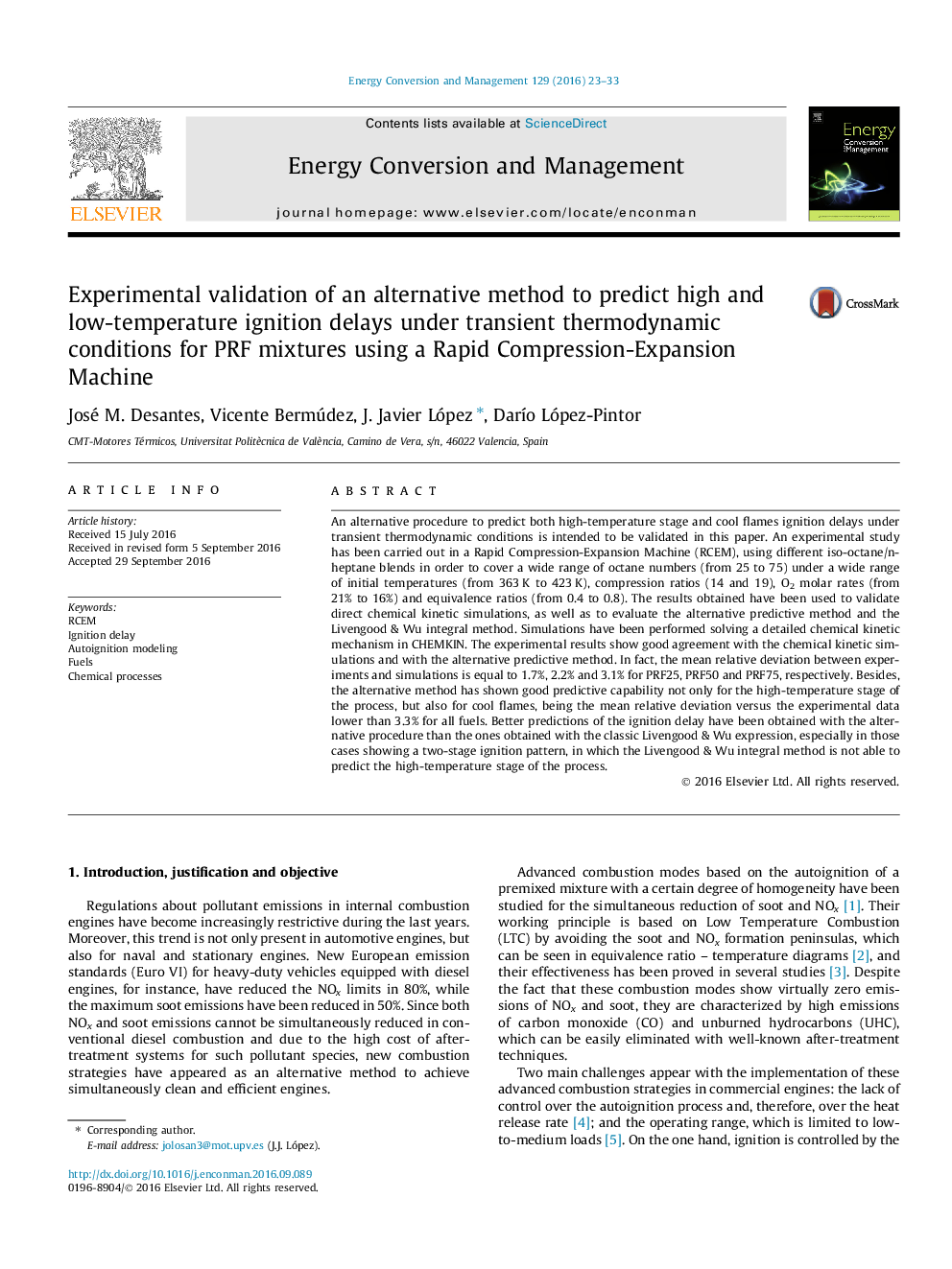 عکس صفحه اول مقاله: Experimental validation of an alternative method to predict high and low-temperature ignition delays under transient thermodynamic conditions for PRF mixtures using a Rapid Compression-Expansion Machine Experimental validation of an alternative method to predict high and low-temperature ignition delays under transient thermodynamic conditions for PRF mixtures using a Rapid Compression-Expansion Machine